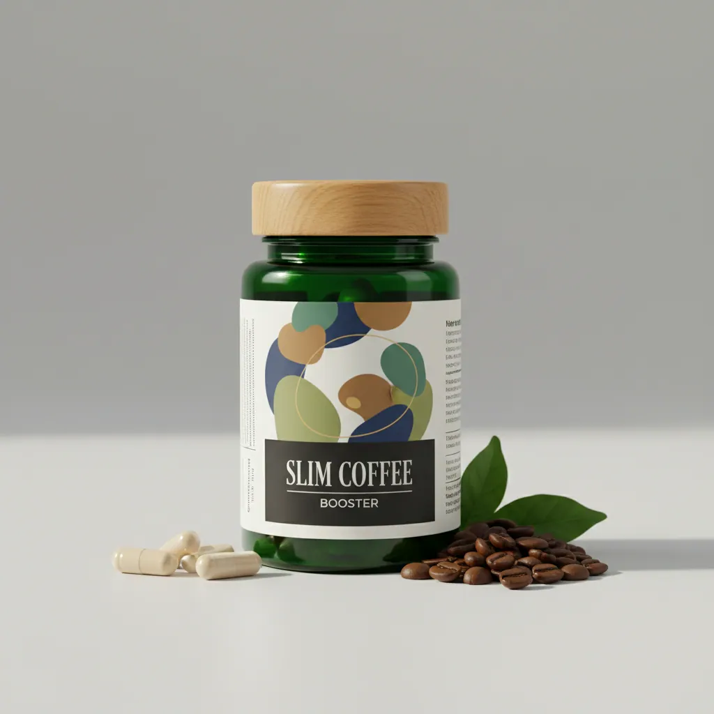 Slim Coffee Booster supplement box - dark charcoal with violet and rose split-circle motif